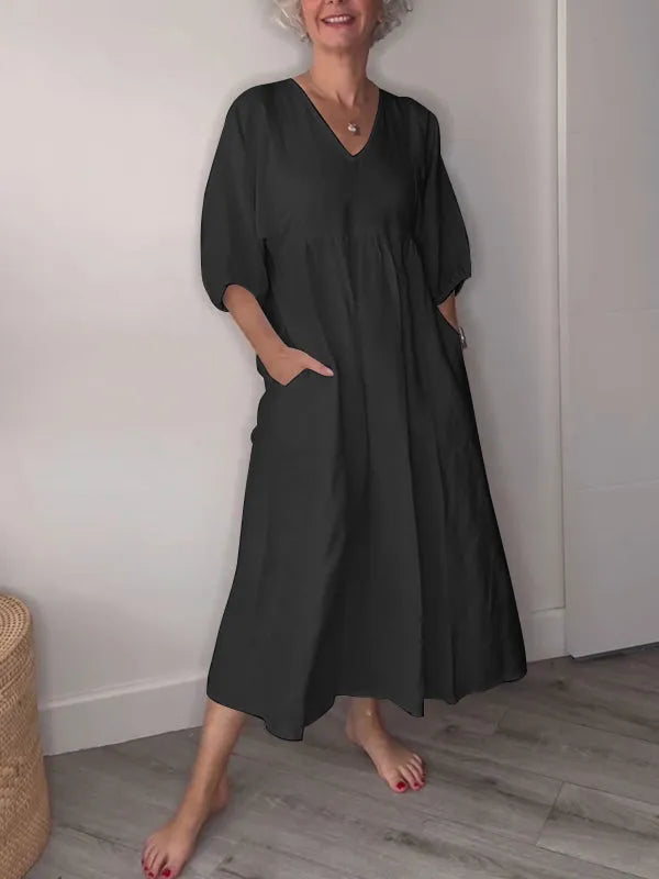 Women's V-neck Solid Color Mid-length Sleeve Cotton and Linen Dress