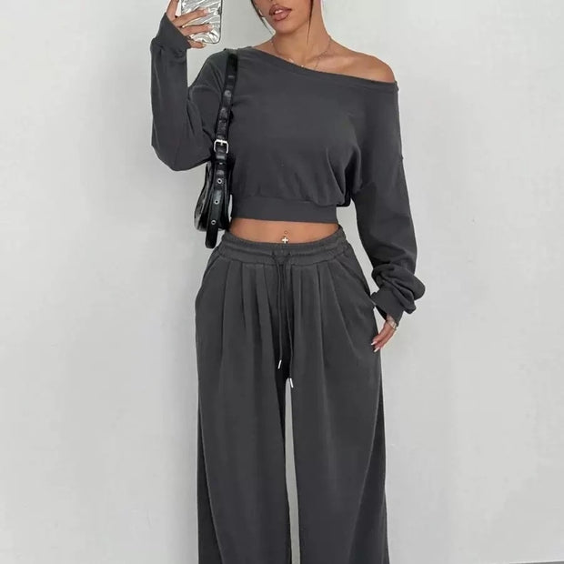 Fashion Slim-fit Off-the-shoulder Navel Solid Color Casual Pants Suit