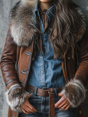 Vintage Brown Shearling Eco Leather Long Coat With Eco Fur Trim