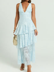 V neck mesh tiered maxi dress