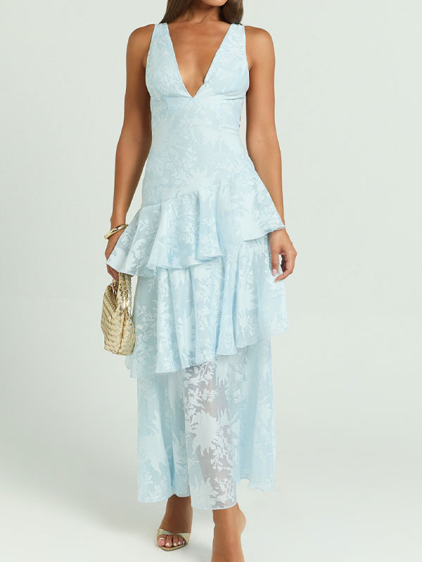 V neck mesh tiered maxi dress
