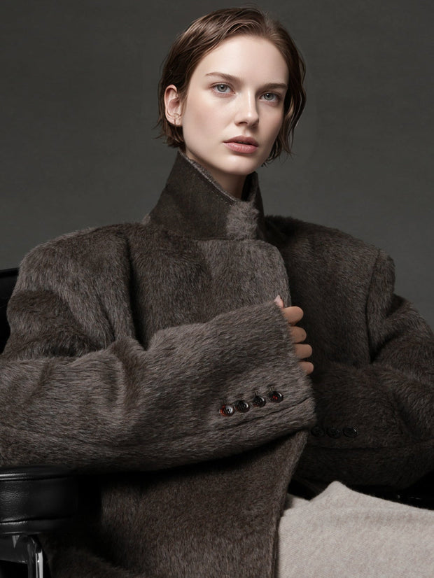 Luxury Suri Baby Alpaca Wool Coat for Women – Tailored Blazer Collar Winter Jacket, Elegant Wool & Fur-Blend Outerwear