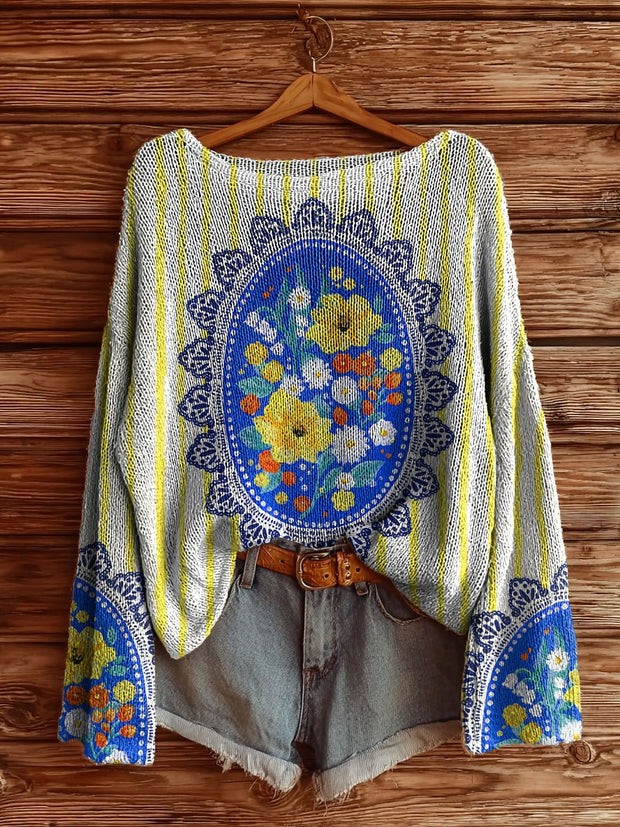 Women's Striped Floral Tattoo Pattern Art Print Casual Pullover Sweater