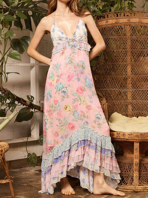 Halter neck rose tiered maxi dress