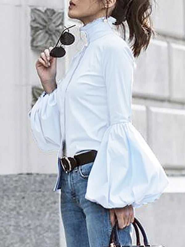 Urban Solid Color Stand Collar Puff Sleeves Blouse