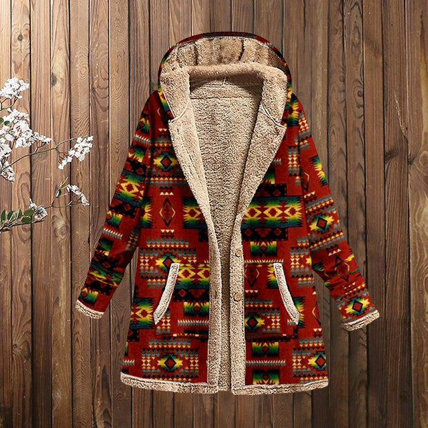 Wearshes Casual Long Sleeve Western Print Hooded Coat