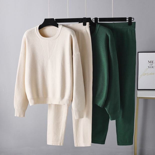 Solid color crew neck sweater knitted two-piece set