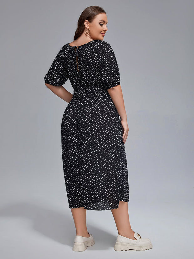 Plus Polka Dot Round Neck Puff Sleeve Midi Dress