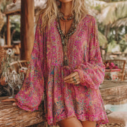 Women's V Neck Boho Floral Art Casual Shirt