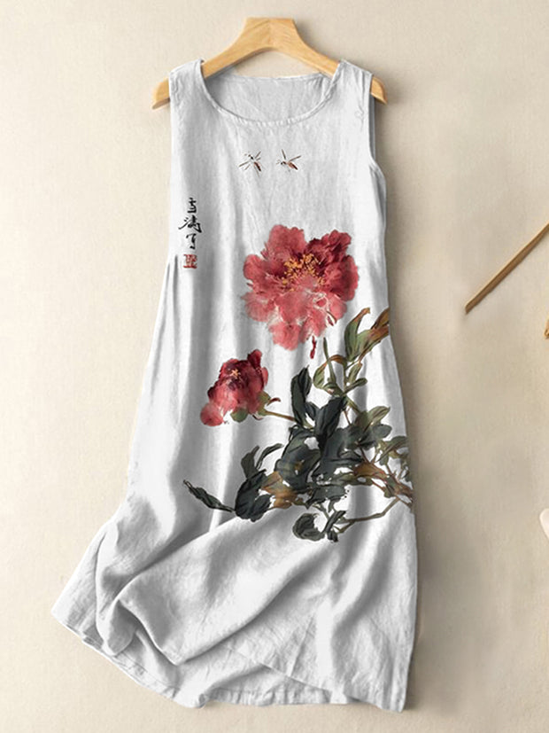 Vintage Japanese Ink Flower Calligraphy Art Print Sleeveless Cotton And Linen Midi Dress