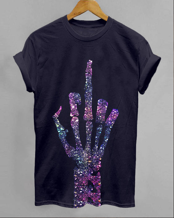 Colored Finger Bones Print Cotton Crew Neck Casual T-Shirt