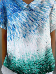 Women's Gradient Fish Print Casual Cotton And Linen Short Sleeves Shirt