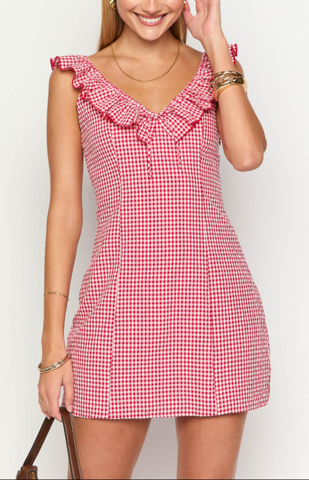 Ariette Red Gingham Frill Mini Dress