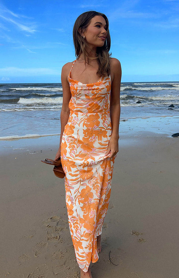 Cambri Orange Floral Chiffon Maxi Dress