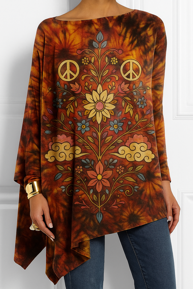 Women Hippie Long Sleeve Shirt Crew Neck Daily Casual Top