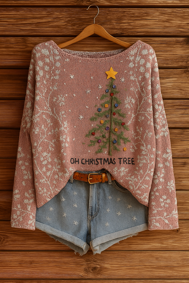 Women's Vintage Christmas Tree Print Casual Pullover Sweater