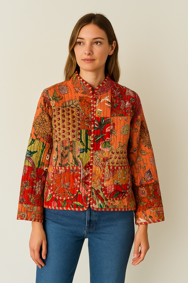 Green Patchwork Cotton Quilted Jacket Crop top Handmade Kimono