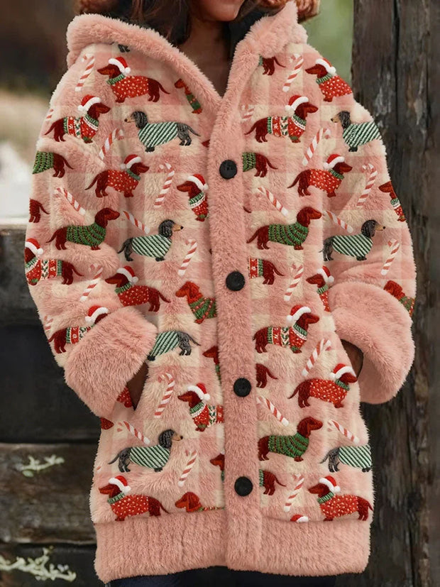 Christmas Dachshund & Candy Cane Cozy Knit Hooded Cardigan