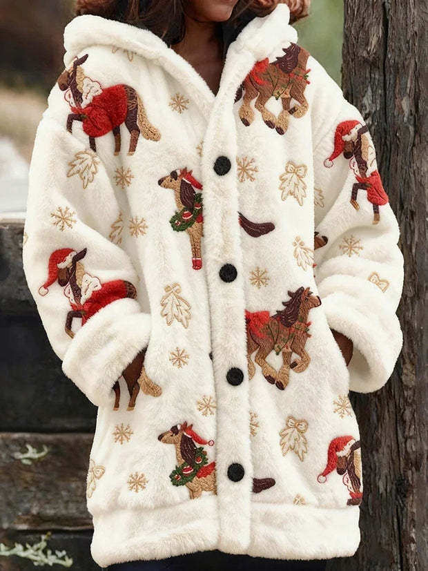 Christmas Horses Art Embroidered Cozy Knit Hooded Cardigan