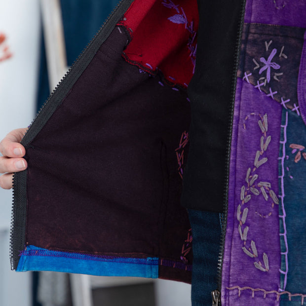 Patchwork Stitched Vine Hooded Jacket with Pockets