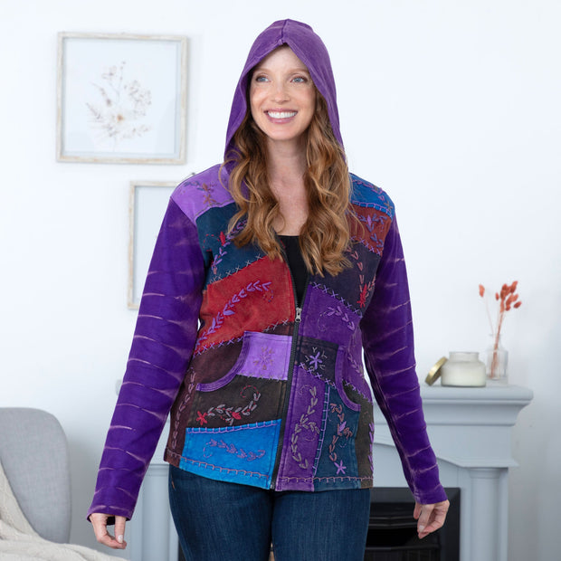 Patchwork Stitched Vine Hooded Jacket with Pockets