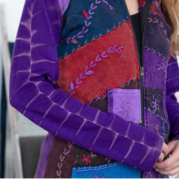 Patchwork Stitched Vine Hooded Jacket with Pockets
