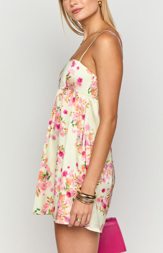 Elsa Yellow Bloom Satin Mini Dress