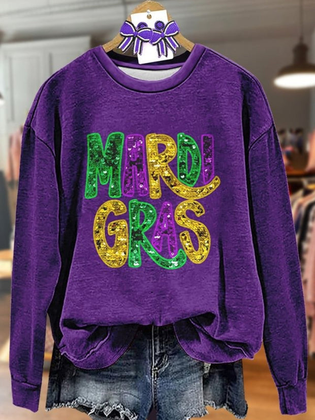 Colorful Sequin Mardi Gras Patch Long Sleeve Top