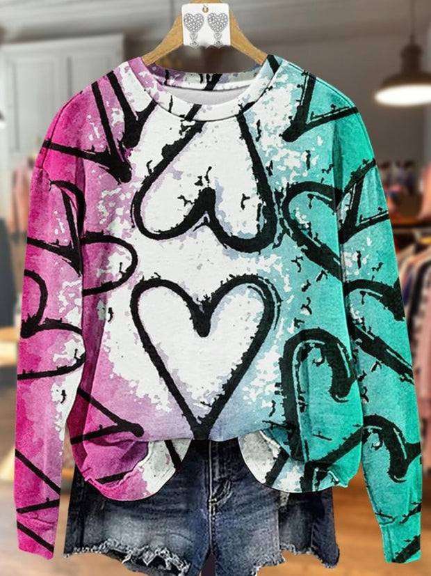 Colorful Art Heart Print Long Sleeve Top