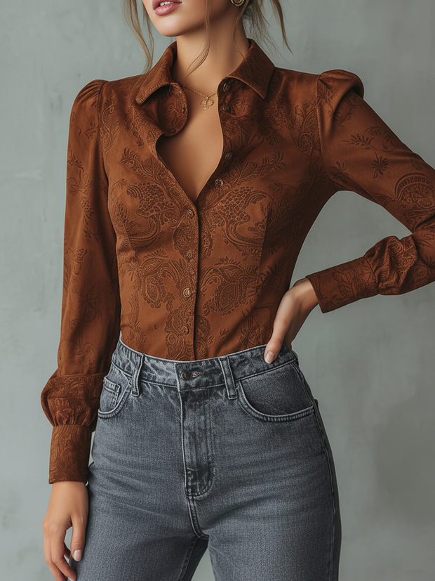 Retro Paisley Eco-friendly Suede Long-sleeved Blouse