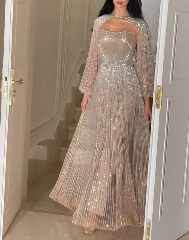 Sexy Long Sleeve Tube Top Sequins See-through Shiny Dress