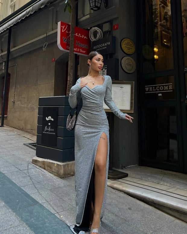 Sexy Long Sleeve Slim Fit High Slit Noble Dress