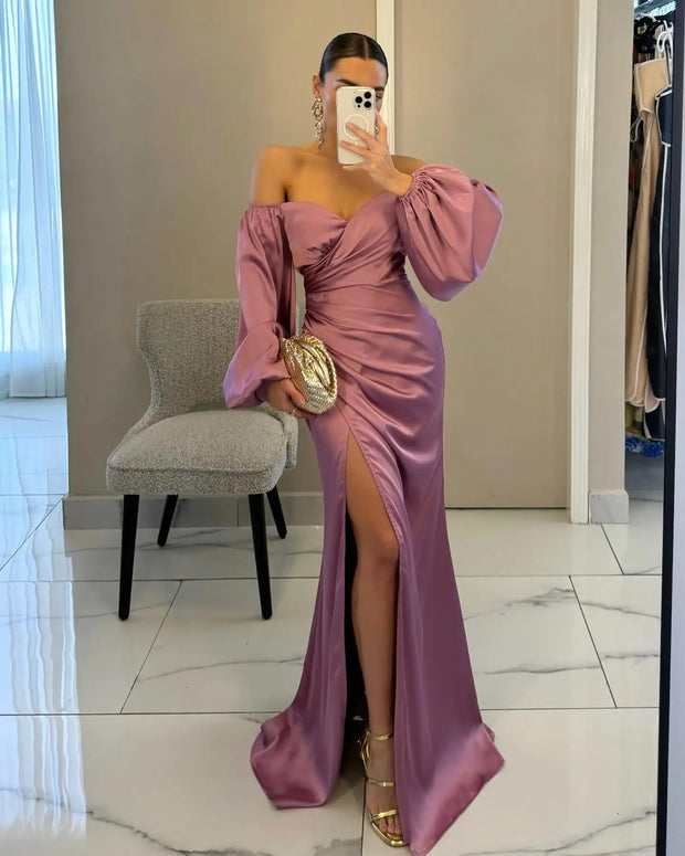 Sexy Long Sleeve off-the-Shoulder Slim-Fit Slit Temperament Dress