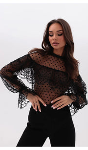 Sexy Lace Sleeve Black round Dot Tube Top Sheer Top