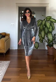 Sexy Long Sleeve Low-Cut Slim Fit Shiny Light Mature Woman Dress