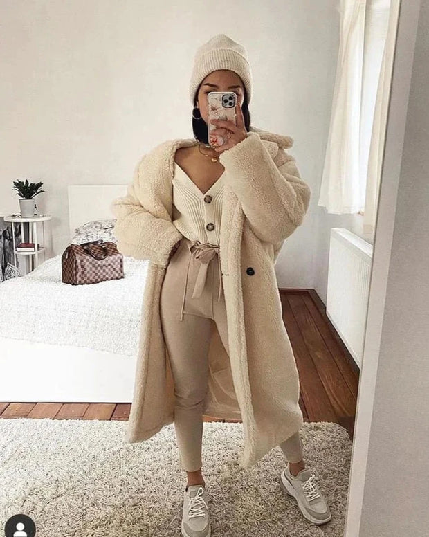 Fashion Trendy Button Artificial Fur Woolen Coat