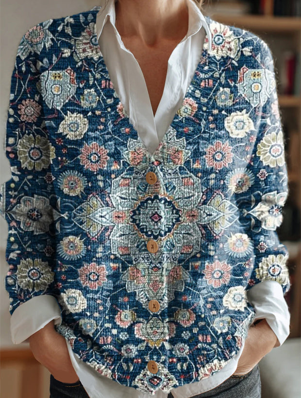 Women's Ethnic Floral Print Casual Knitted Long-Sleeved Top