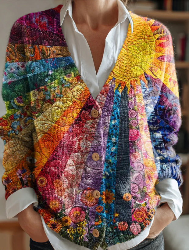 Women's Sun Rainbow Floral Pattern Printed Casual Knitted Long Sleeve Top