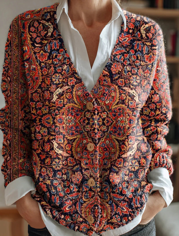 Women's Retro Floral Print Casual Knitted Long-Sleeved Top