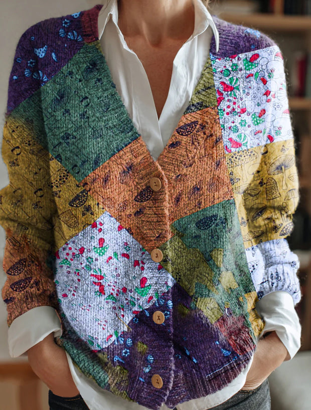 Women's Patchwork Style Floral Pattern Printed Casual Knitted Long Sleeve Top