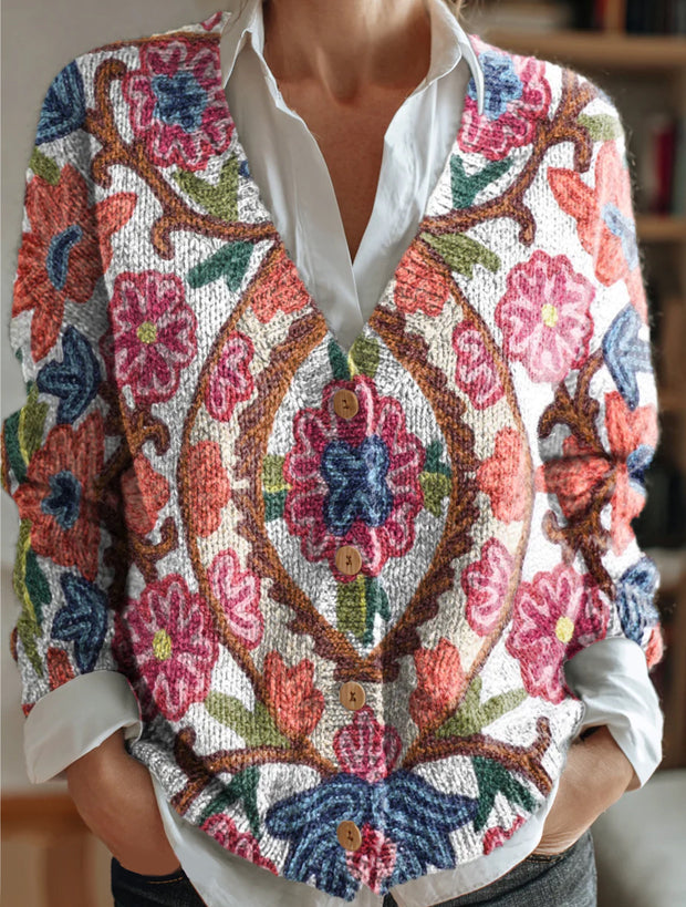 Women's Ethnic Floral Art Pattern Print Buttoned V-neck Cardigan Sweater