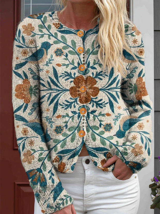 Women's Vintage Ethnicity Flowers Birds Print Buttoned Cardigan Sweater