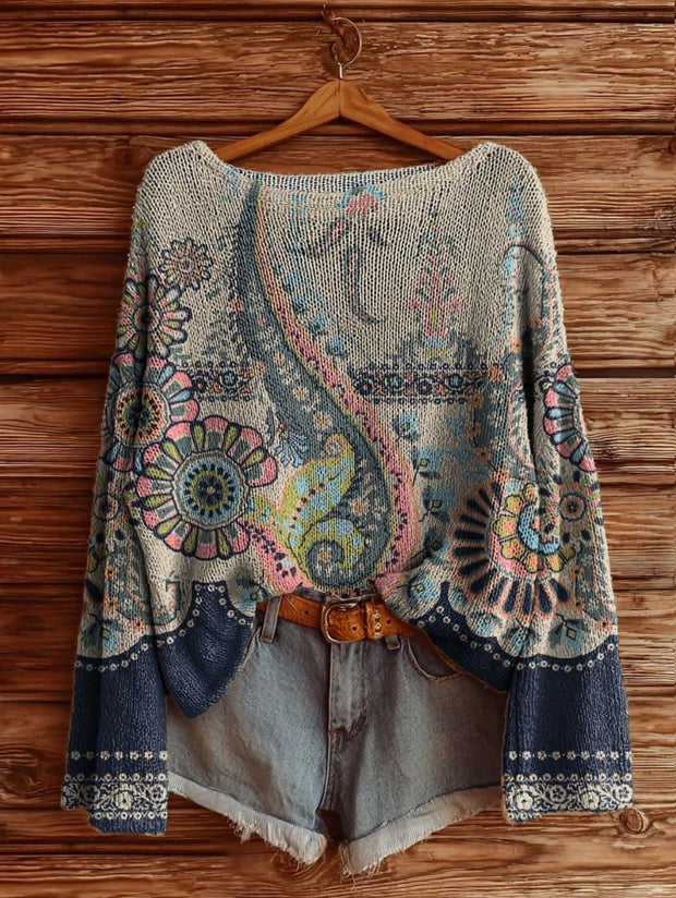 Women's Retro Ethnic Floral Pattern Artistic Print Casual Knit Sweater