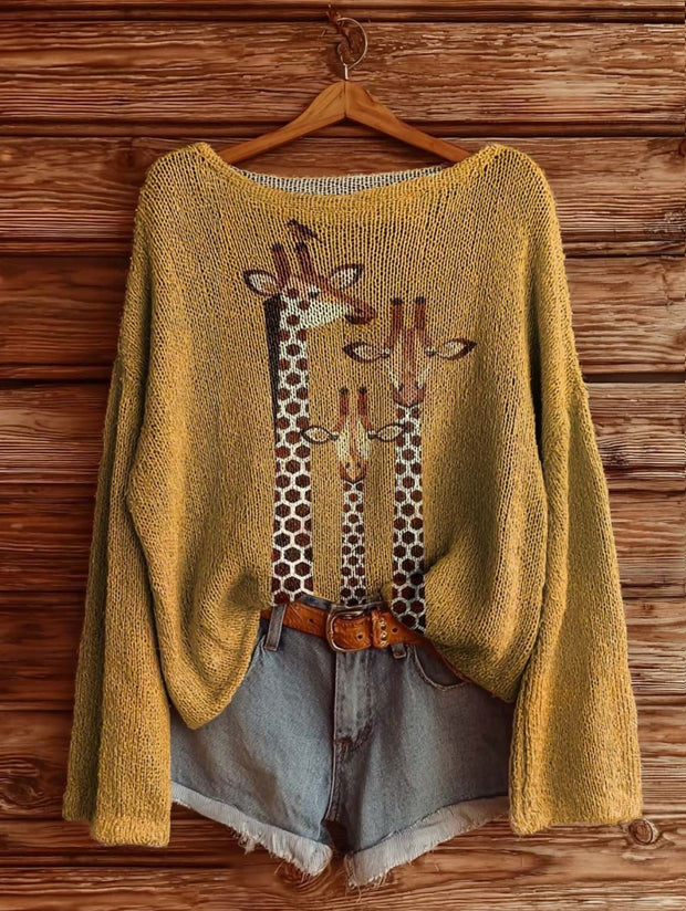 Women's Long-Sleeved Artistic Print Knitted Sweatshirt with Giraffe Pattern