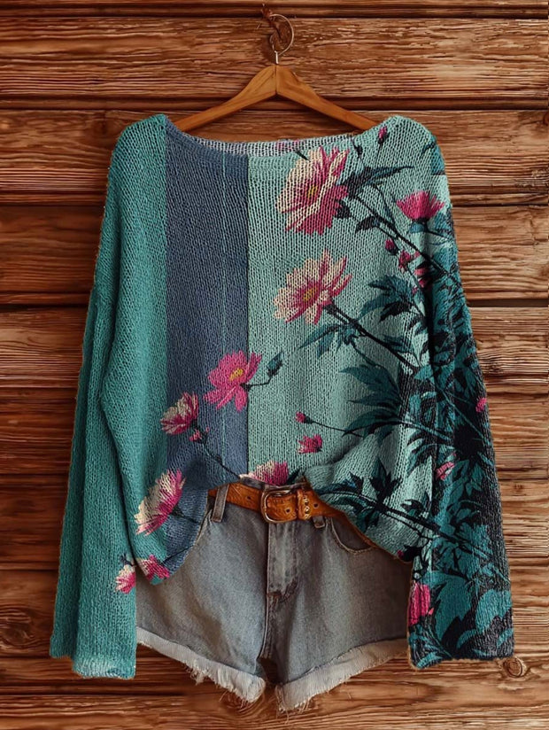 Women's Floral Pattern Artistic Print Casual Knitted Sweater
