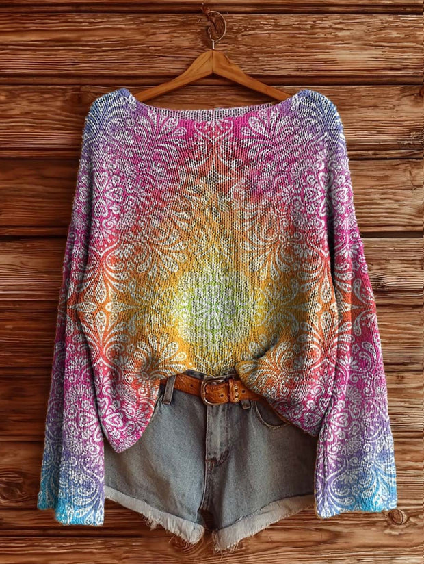 Women's Retro Ethnic Gradient Pattern Artistic Print Casual Knitted Sweater