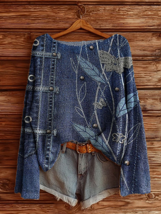 Women's Plant Pattern Artistic Print Casual Knitted Sweater