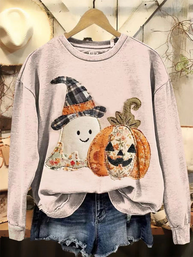 Women's Halloween Patchwork Ghost Pumpkin Art Print Casual Crewneck Sweatshirt