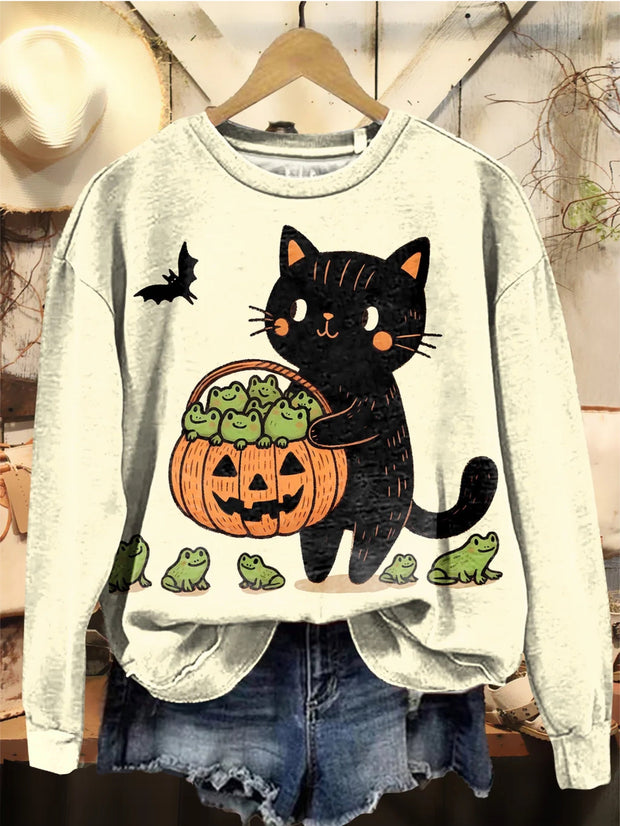 Vintage Halloween Pumpkins Frog Black Cat Art Print Sweatshirt