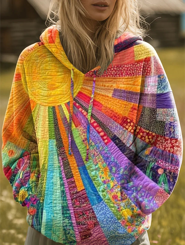 Bohemian Multicolor Patchwork Sun Pattern Art Print Casual Hoodie